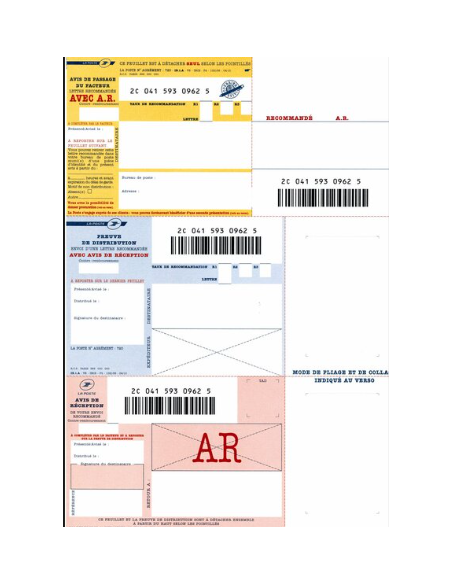 Imprimés Recommandée La Poste AVEC AR Nationaux A4 avec code-barre x1000
