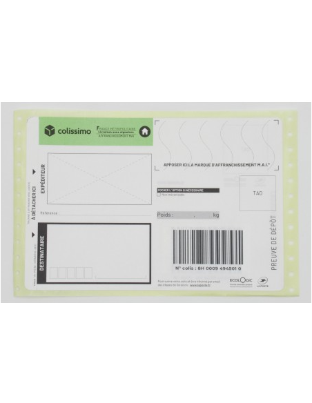 Imprimés Colissimo La Poste Liasse SANS SIGNATURE x25